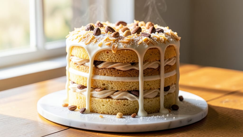 Almond Joy Layer Cake Recipe: Toasted Coconut-Covered Cheesecake Bliss